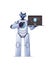 robot cyborg holding laptop with protection shield cyber security data protection artificial intelligence technology