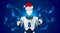 Robot or cyborg in a red cap of Santa Claus draws on holographic screen Christmas pattern. Banner of Internet shopping sales on ch