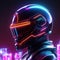 Robot cyborg soldier. Futuristic helmet concept with neon lights.