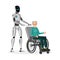 Robot with disabled man flat vector illustration. Cyborg caregiver and handicapped senior in wheelchair characters