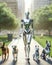 Robot Dog Walker Trainer Futuristic Artificial Intelligence Pets Caregiver Outdoor Strolling AI Generated
