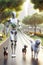 Robot Dog Walker Trainer Futuristic Artificial Intelligence Pets Caregiver Outdoor Strolling AI Generated