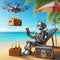 Robot with a drink rests on the beach near the sea. Vacations lifestyle concept