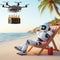 Robot with a drink rests on the beach near the sea. Vacations lifestyle concept