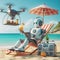 Robot with a drink rests on the beach near the sea. Vacations lifestyle concept