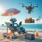 Robot with a drink rests on the beach near the sea. Vacations lifestyle concept