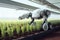 Robot farming harvesting agricultural products in greenhouse. Innovative futuristics technology and 5G smart farming concept.