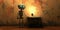 A robot figure standing by a petite table, featuring a solitary light bulb.
