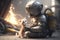 A robot firefighter rescued a kitten from a fire. Generative AI Art