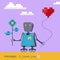 Robot with a flower and a ball in the shape of a red heart