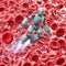 A robot flying among red blood cells.