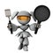 A robot with a frying pan and a spatula. Confidence and special skills in cooking. Showing off skills.