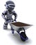 Robot gardener with a wheel barrow carrying soil