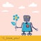 The robot gives a flower and his heart for Valentine`s Day.