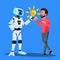 Robot Gives Yellow Light Bulb To Businessman Vector. Isolated Illustration