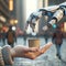 Robot hand dropping a coin into a cup held by a human hand