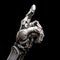 Robot hand finger making contact or pressing something on dark isolated background. Cyborg mechanical arm pointing