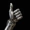 Robot hand finger making contact or pressing something on dark isolated background. Cyborg mechanical arm pointing