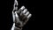 Robot hand finger making contact or pressing something on dark isolated background. Cyborg mechanical arm pointing