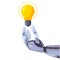 Robot hand holding a bulb on a conceptual idea technology. Artificial Intelligence futuristic design concept.