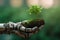 Robot Hand Holds Pile Of Earth With Sprout Against Green Background. Generative AI