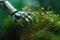 The Robot Hand Holds Small Plants On Green Background. Generative AI