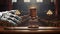 Robot hand and judge gavel on table