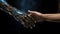 Robot hand touching human hand on dark background. Artificial intelligence, science technology, electronics robotics