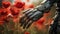 a robot hand touching red flowers