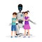 Robot with happy children flat vector illustration. Little boy and girl with artificial babysitter. Futuristic