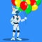 Robot Have Fun With Balloons In Hand And Festive Cap On Head Vector. Isolated Illustration