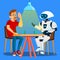 Robot Having A Good Time With Friend Man At Table In Cafe Vector. Isolated Illustration