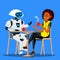 Robot Having A Good Time With Friend Woman At Table In Cafe Vector. Isolated Illustration