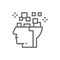 Robot head, brain connected to circuit board, digital thinking, artificial intelligence line icon.