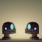 Robot heads with large glowing eyes talking to each other with copy space generative ai illustration