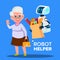 Robot Helper Carrying Cart With Products Of Elderly Woman Vector. Isolated Illustration