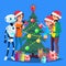 Robot Helps To Decorate Christmas Tree For Happy Family Vector. Isolated Illustration