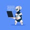 Robot Hold Laptop Coding On Blue Background Concept Modern Artificial Intelligence Technology