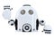 Robot holding blank banner and waving hello. Isolated. Contains clipping path