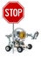 Robot holding metal sign with text