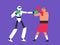 Robot humanoid boxing against man boxer human fighting versus artificial intelligence