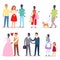 Robot humanoid family helpers people vector robotic man futuristic woman character in love cybernetic kids illustration