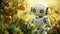 Robot humanoid is picking up apples in the orchard. Futuristic agricultural concept