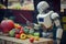 robot, inspecting variety of fruits and vegetables at farmers market