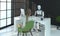 The robot is interviewing a woman in a modern office. Human communication with robotics. Future concept with smart robotics and