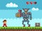 Robot in iron armor attacks cartoon character. Pixelated mechanical bot near ninja in suit