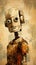 Robot with a large brown head and two large eyes atop a grungy, weathered background, AI-generated.