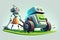 A robot with a lawnmower on the front mows a hillside