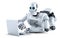 Robot laying on floor with laptop. Isolated. Contains clipping path