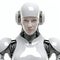 Robot listening music with headphones,  White background